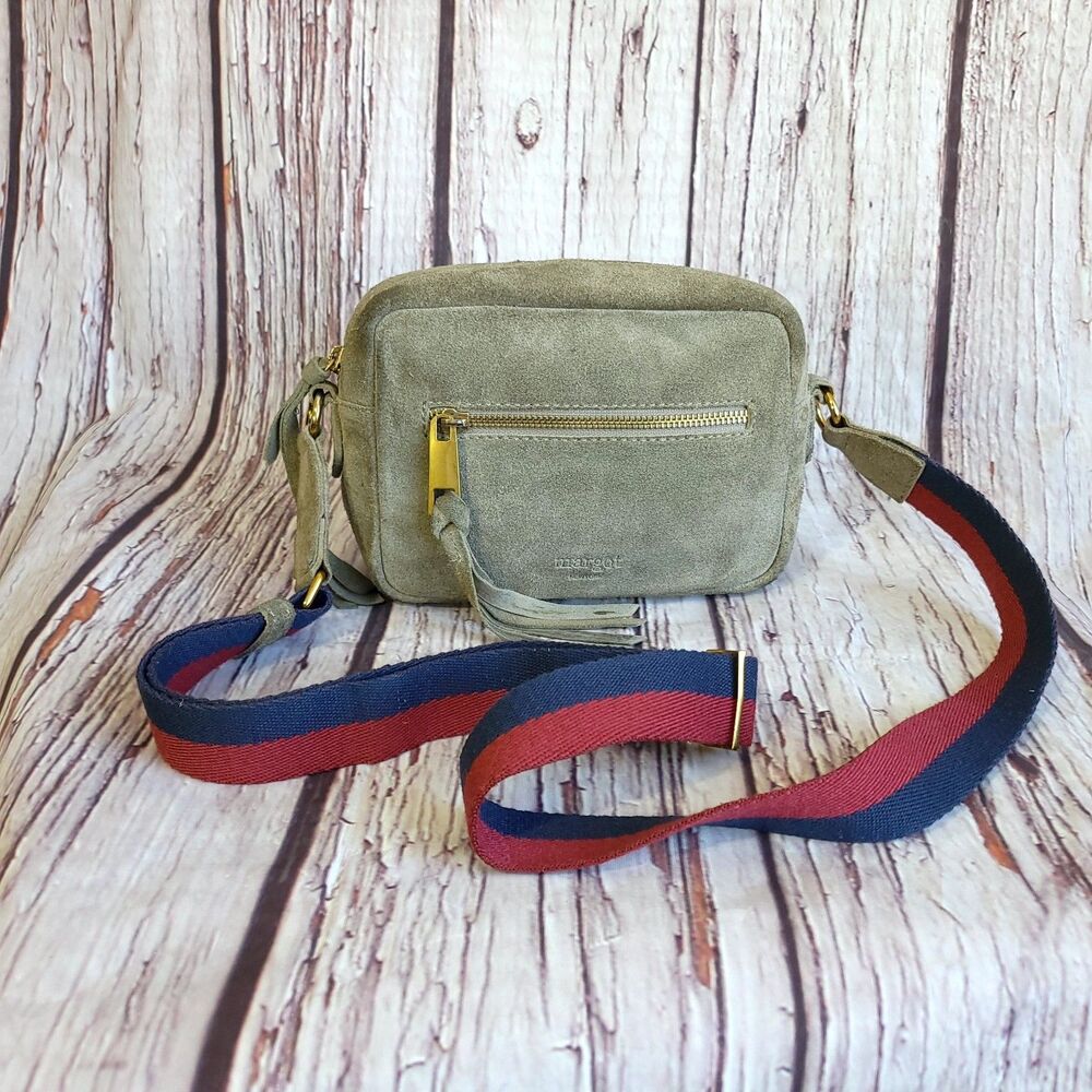 Margot Gray Suede Crossbody Camera Bag Tassel Zip Red Blue Strap Gold HW